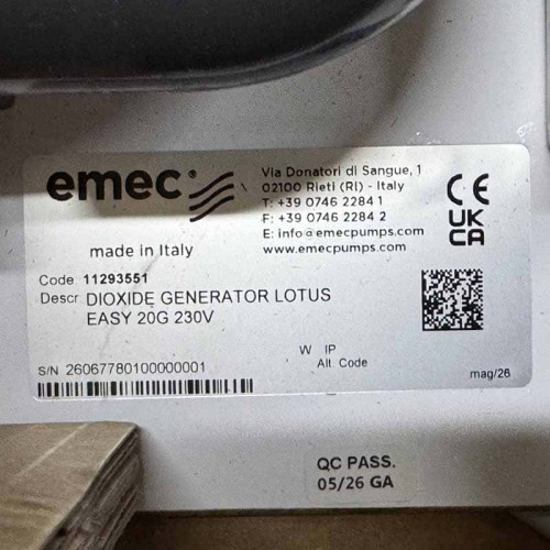 Chlordioxid-Generator EMEC LOTUS EASY 20 g/h, ein System zur Erzeugung, Dosierung und Überwachung von Chlordioxid zur Wasserdesinfektion