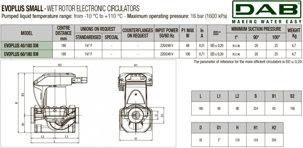 DAB EVOPLUS kleine 40/180 (1"1/4") 1x220-240 Y25 Umwälzpumpe mit elektronischer Steuerung, 60231355