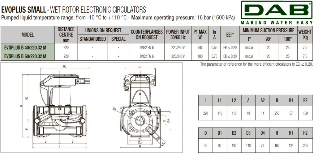 DAB EVOPLUS kleine 40/220 32 1x220-240 Y25 Umwälzpumpe mit elektronischer Steuerung, 60231359