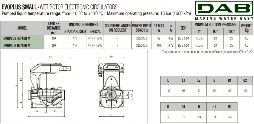 DAB EVOPLUS kleine 60/180 (1") 1x220-240 Y25 Umwälzpumpe mit elektronischer Steuerung, 60220931