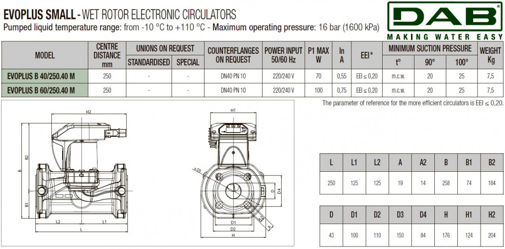 DAB EVOPLUS kleine 60/250 40 1x220-240 Y25 Umwälzpumpe mit elektronischer Steuerung, 60220934