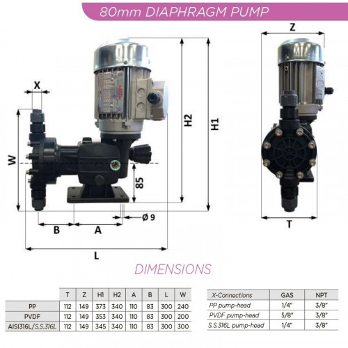 Ammoniak-Dosier-Motor-Membranpumpe AQUA MSA, PP, 11 l/h, 14 bar, 0,18 kW, 380V