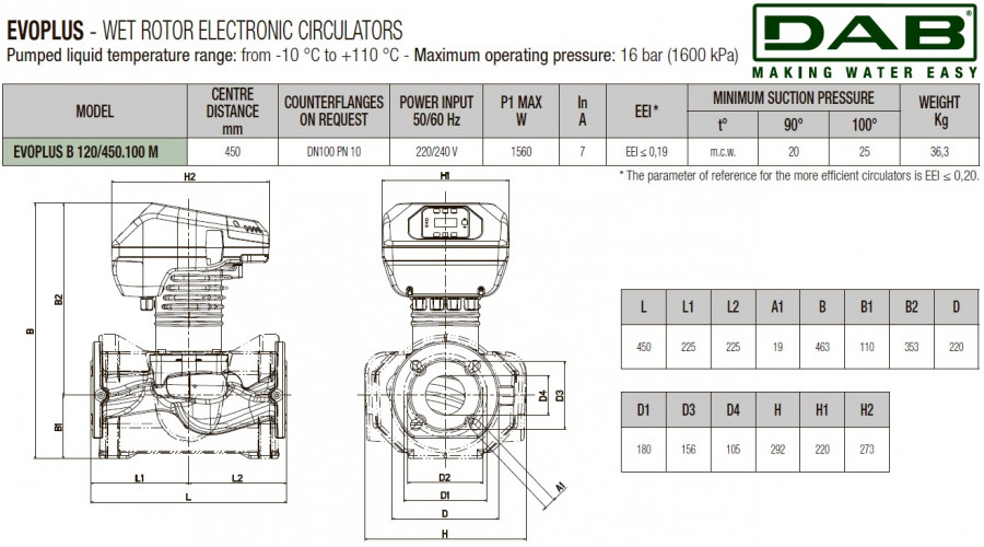 DAB EVOPLUS 120/450 100 1x220-240 Y25 Umwälzpumpe mit elektronischer Steuerung, 60220919