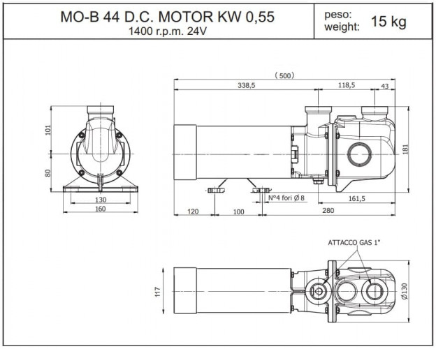 Bronzeschraubenpumpe zum Abpumpen und Entleeren von Abwassertanks auf Schiffen auf See LIVERANI MO-B 44 cm³/24 V 0,55 kW, 1400 U/min