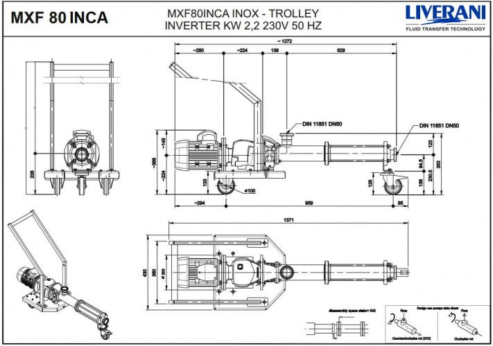 Schraubenpumpe für Öl-Hydrofruster LIVERANI MXF80INCA TF 2,2kW 115–544rpm 380V AISI316 mit Frequenzumrichter Fernbedienung (15m) auf einem Fahrgestell