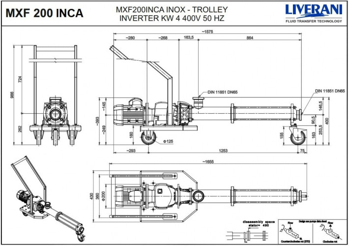 Schraubenpumpe für Chemikalien LIVERANI MXF200INCA TF 4kW 115–470rpm 380V AISI 316 mit Frequenzumrichter, Fernbedienung (15 m), auf einem Fahrgestell