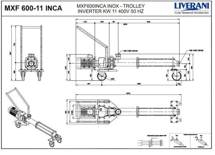Schraubenpumpe für Suspensionen LIVERANI MXF600INCA TF 11kW 108–367rpm 380V AISI304 mit Frequenzumrichter, Fernbedienung (15 m), auf einem Fahrgestell