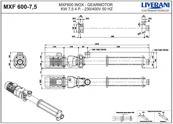 Schraubenpumpe zum Fördern viskoser, dickflüssiger Flüssigkeiten LIVERANI MXF600 TF 7,5 kW, 270 U/min, 380 V, aus Edelstahl AISI 304