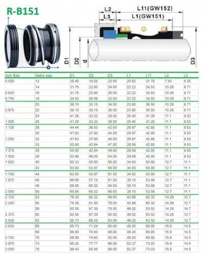 Gleitringdichtung für Pumpenwelle R-B151 2, SiC/SiC, Viton, 304