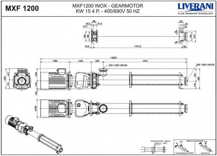 Edelstahl-Schraubenpumpe für die Förderung von zerkleinertem Obst und Gemüse LIVERANI MXF1200 TF 15 kW, 242 U/min, 380 V, AISI 304