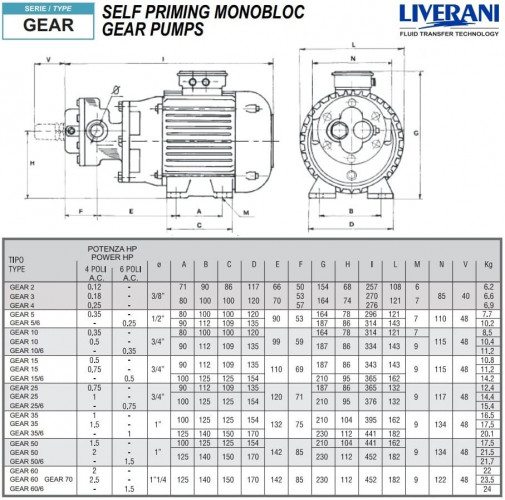 Zahnradpumpe für Ölförderung LIVERANI GEAR 2-G MF 0,11 kW, 1400 U/min, 220 V