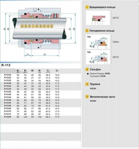 Gleitringdichtung für Pumpenwelle R-112 55, SiC/SiC, Viton, 304