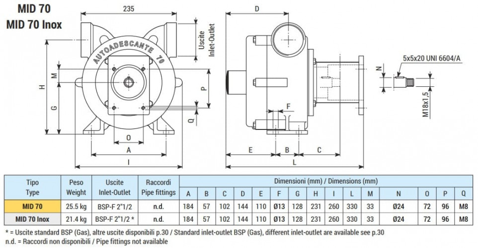Wirbelpumpe zum Fördern von Säuren LIVERANI MID 70 Inox, 500 l/min, AISI 316, für Hydraulikmotor