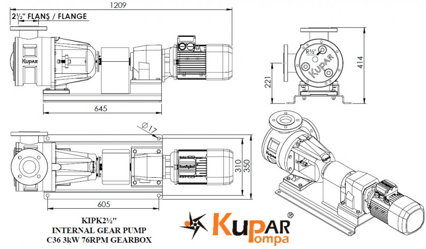 Kupar KIPK 2 1/2"-PF315 Zahnradpumpe für Schokolade, 3 kW, 100 U/min, mit Getriebemotor
