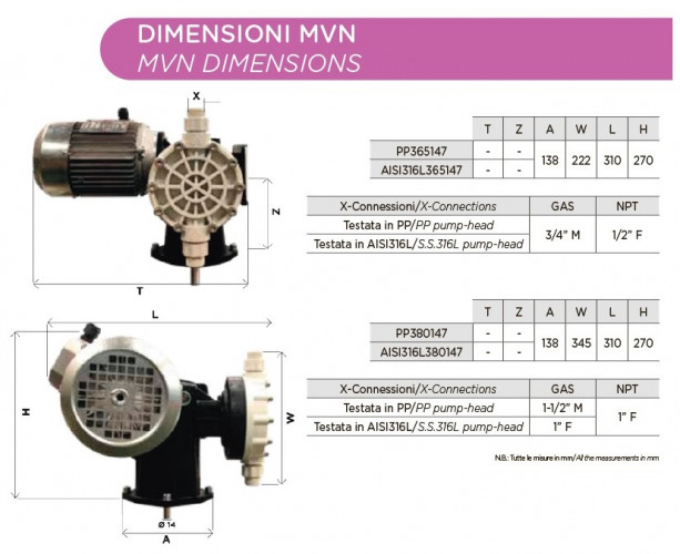 Membran-Pump-Dosierer für Chemikalien für Mischer AQUA MVB, PP, 75 l/h, 8 bar, 0,37 kW, 380V