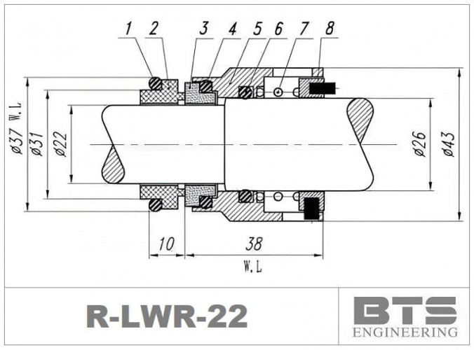 Gleitringdichtung R-LWR 22, SIC/TC, VITON, 316 für Lowara 33SV, 46SV, 66SV, 92SV eSV, SVI Pumpe