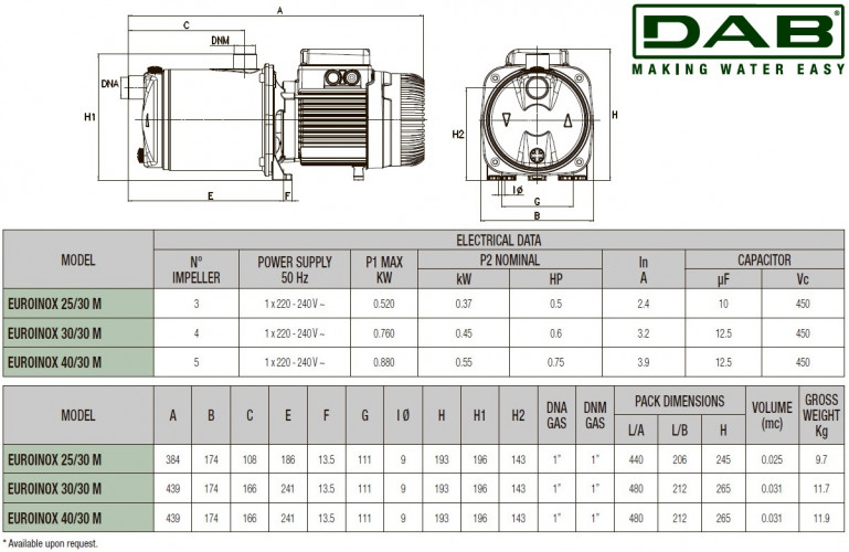 DAB EUROINOX 25/30 M horizontale mehrstufige Pumpe, 102970200H