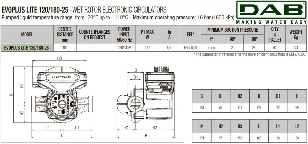DAB EVOPLUS Lite 120/180-25 Umwälzpumpe mit elektronischer Steuerung, 60218205