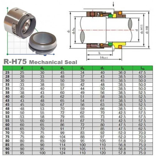 Gleitringdichtung R-H75 43, CAR/SIC, EPDM, 304, G9 für die Welle von Dikcow NCL-, LOWARA Xylem MPA-, MPR-, MPD- und MPV-Pumpen