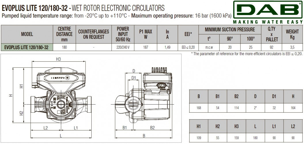 DAB EVOPLUS Lite 120/180-32 Umwälzpumpe mit elektronischer Steuerung, 60218208