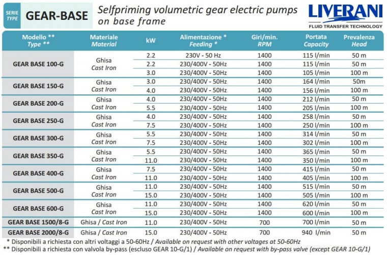Zahnradpumpe zum Fördern von Seife, Shampoos und Gels LIVERANI GEAR BASE 100-G/M TF 3 kW, 1400 U/min, 380 V