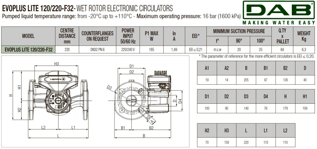 DAB EVOPLUS Lite 120/220-F32 Umwälzpumpe mit elektronischer Steuerung, 60218211