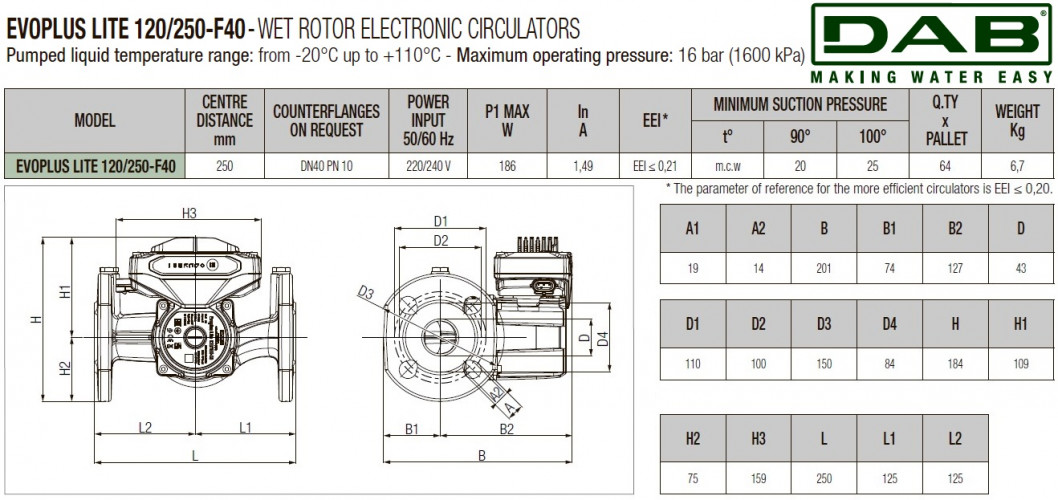 DAB EVOPLUS Lite 120/250-F40 Umwälzpumpe mit elektronischer Steuerung, 60218214