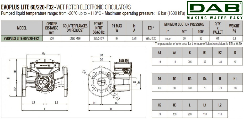 DAB EVOPLUS Lite 60/220-F32 Umwälzpumpe mit elektronischer Steuerung, 60218209