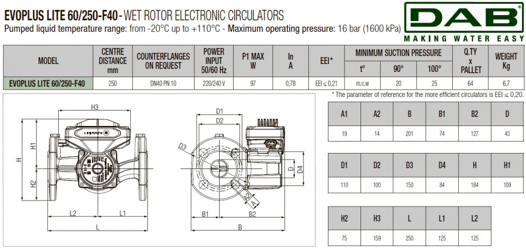 DAB EVOPLUS Lite 60/250-F40 Umwälzpumpe mit elektronischer Steuerung, 60218212