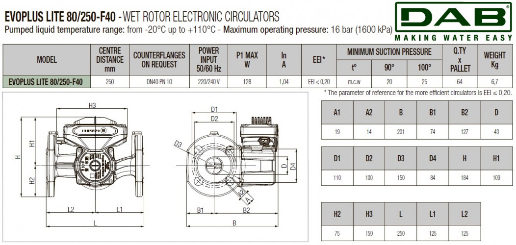 DAB EVOPLUS Lite 80/250-F40 Umwälzpumpe mit elektronischer Steuerung, 60218213